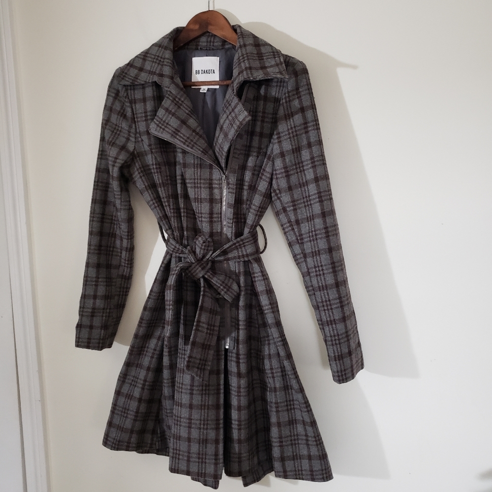 BB Dakota Plaid Wool Blend Faux Wrap Trench Style Coat Womens Size Medium Gray